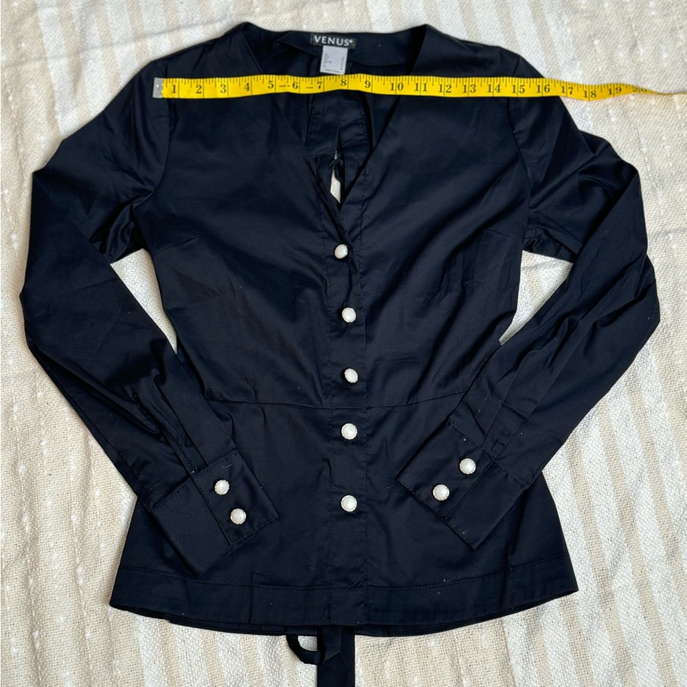 Venus black tie back pearl button down blouse - Picture 11 of 14